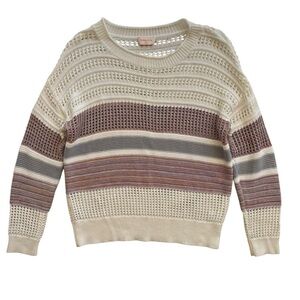 Hailey & Co Women’s S Cream Purple Blue Metallic Striped Open Weave Sweater Boho
